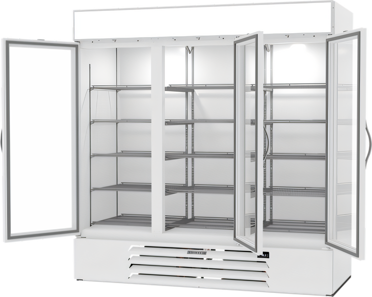 Product image #2 for Beverage Air MarketMax Three-Section Reach-In Glass Door Merchandiser Refrigerator, 70.19 Cu. Ft., White, Bottom Mount