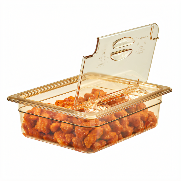 Product image #2 for Cambro High Heat H-Pan 1/2 Size Notched FlipLid Hinged Food Pan Cover, Amber