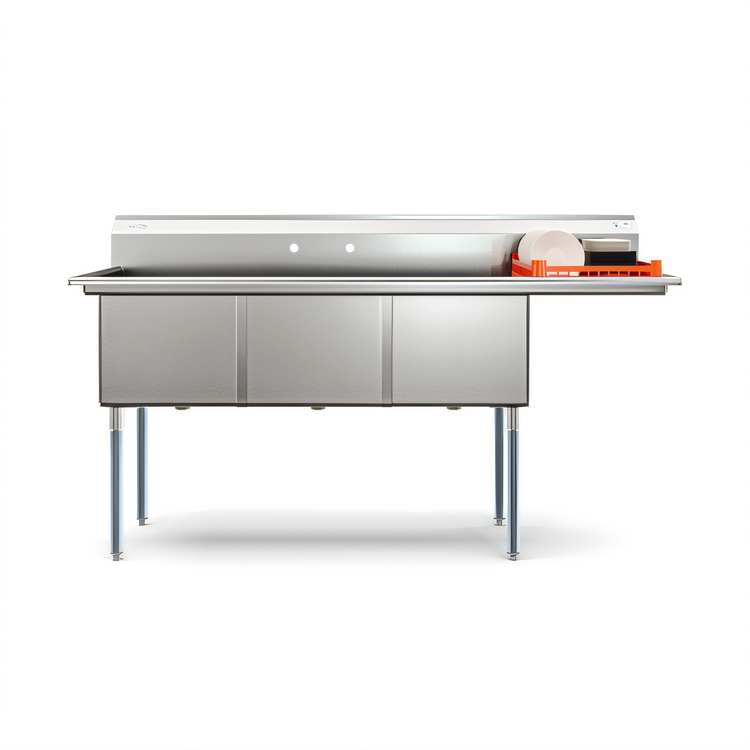 Product image #2 for KoolMore 75-Inch 3-Compartment Commercial Sink with Right-Hand Drainboard and Backsplash