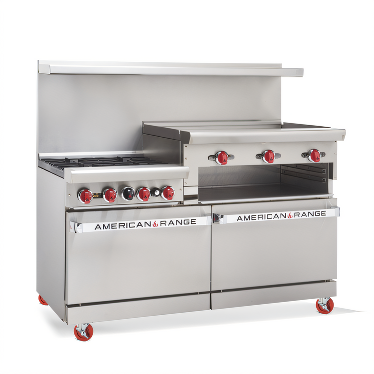 Product image #2 for American Range 60-Inch Gas Restaurant Range with 4 Open Burners, 36-Inch Raised Griddle/Broiler, and 2 Standard Ovens
