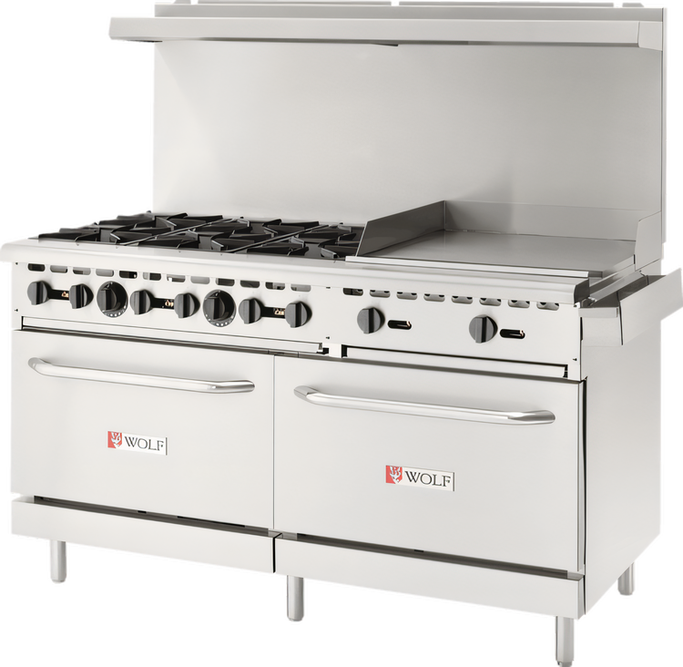 Product image #2 for Wolf Quick Ship WX Series 60-Inch Propane Gas Restaurant Range with 6 Open Burners, 24-Inch Griddle and 2 Standard Ovens