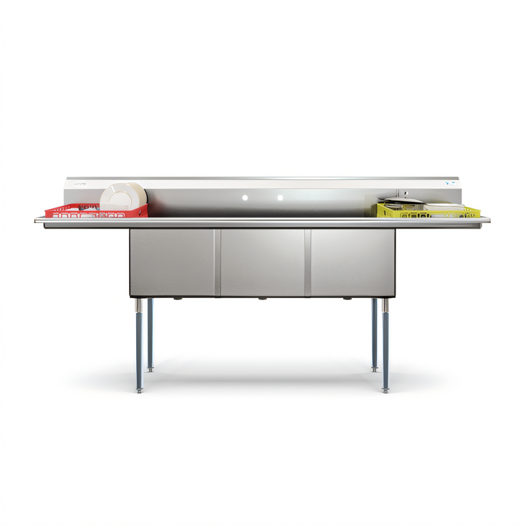 Product image #2 for KoolMore 90-Inch Three-Compartment Commercial Sink with Dual Drainboards and Backsplash