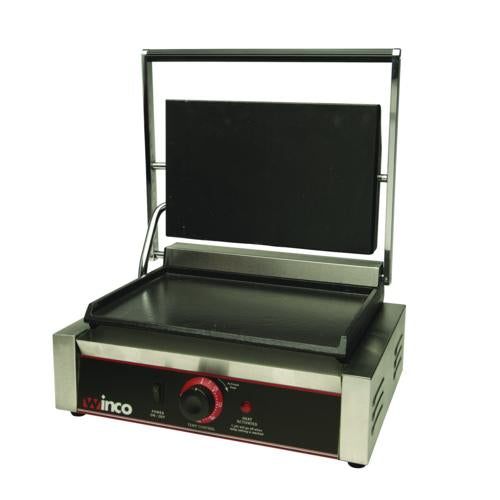 Product image #1 for Winco Electric Countertop Single Sandwich Grill / Panini Press with 14 in. x 9 in. Cast Iron Cooking Surface, 120V