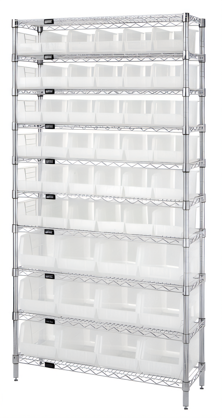 Product image #1 for Quantum Stationary Wire Shelving Bin System Unit with 10 Shelves and Clear Bins, 74-Inch High