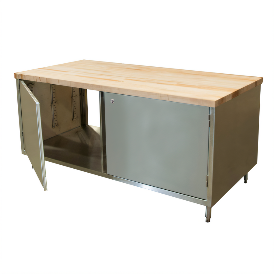 Product image #1 for BK Resources Dual-Access Hard Maple Top Chef Table with Locking Stainless Steel Cabinet Base, 72 x 36 Inches