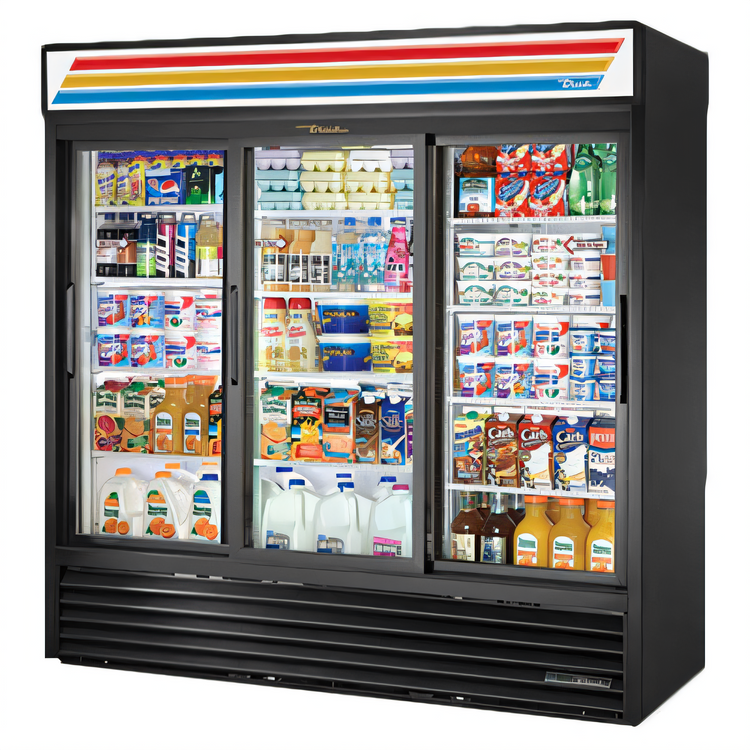 Product image #1 for True 3-Section Glass Door Merchandiser Refrigerator with Sliding Doors, 12 Shelves