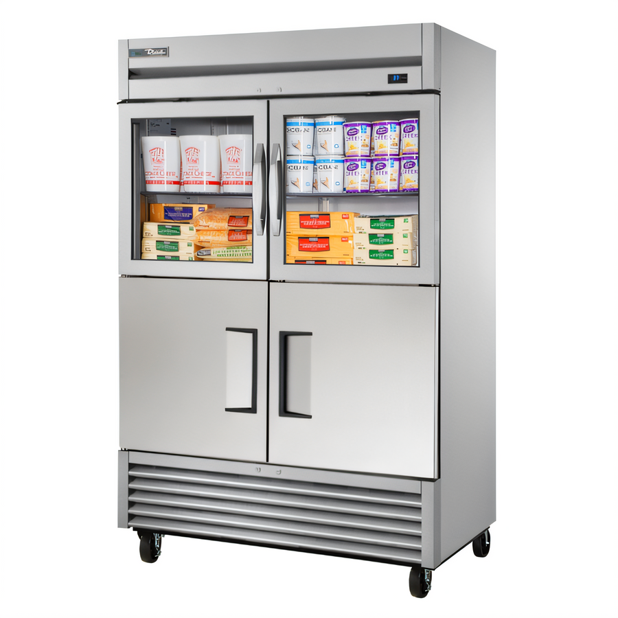 Product image #1 for True Two-Section Self-Contained Reach-In Refrigerator with 2 Glass and 2 Stainless Steel Half Doors