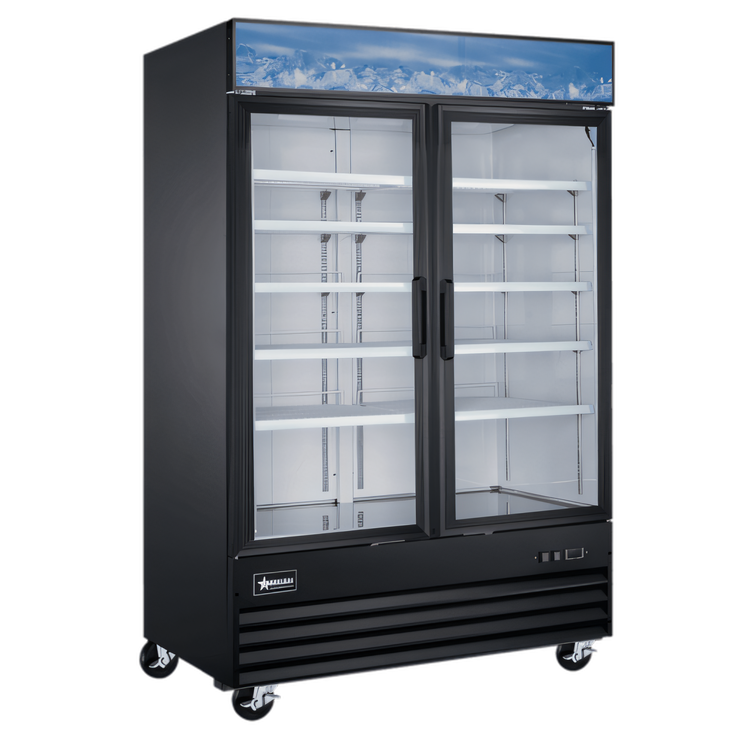 Product image #1 for Omcan 53-Inch Wide Two-Section Glass Door Reach-In Display Freezer, 45 Cu. Ft., Black, Bottom Mount