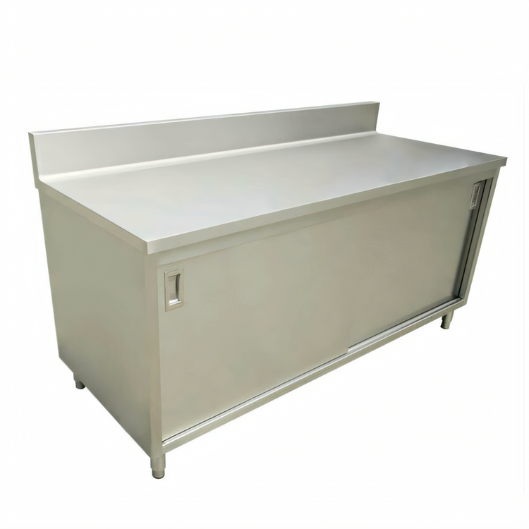 Product image #1 for Omcan 60-Inch x 30-Inch Stainless Steel Enclosed Work Table with Sliding Doors and 6-Inch Backsplash