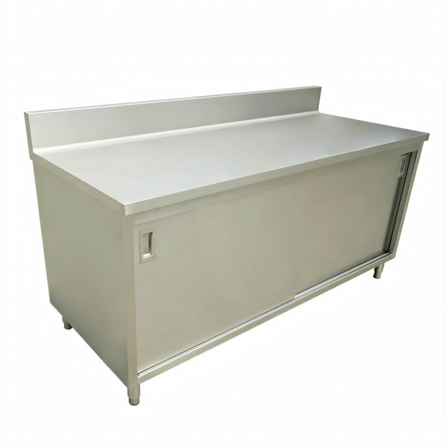 Product image #1 for Omcan 60-Inch x 30-Inch Stainless Steel Enclosed Work Table with Sliding Doors and 6-Inch Backsplash