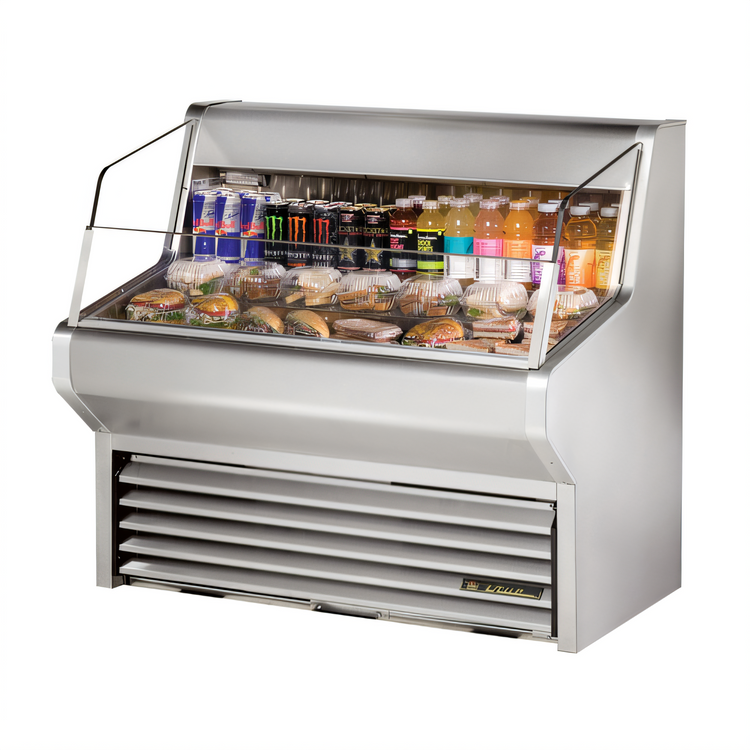 Product image #1 for True THAC-48-S-HC-LD Horizontal Air Curtain Refrigerated Merchandiser, 48-1/8" Wide, 3-Tier Stainless Display, Self-Contained R290, 115V