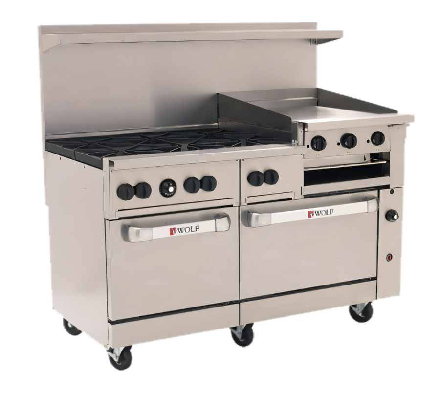 Product image #1 for Wolf Challenger XL 60-Inch Gas Restaurant Range with 6 Open Burners, 24-Inch Manual Griddle-Broiler and 2 Standard Ovens