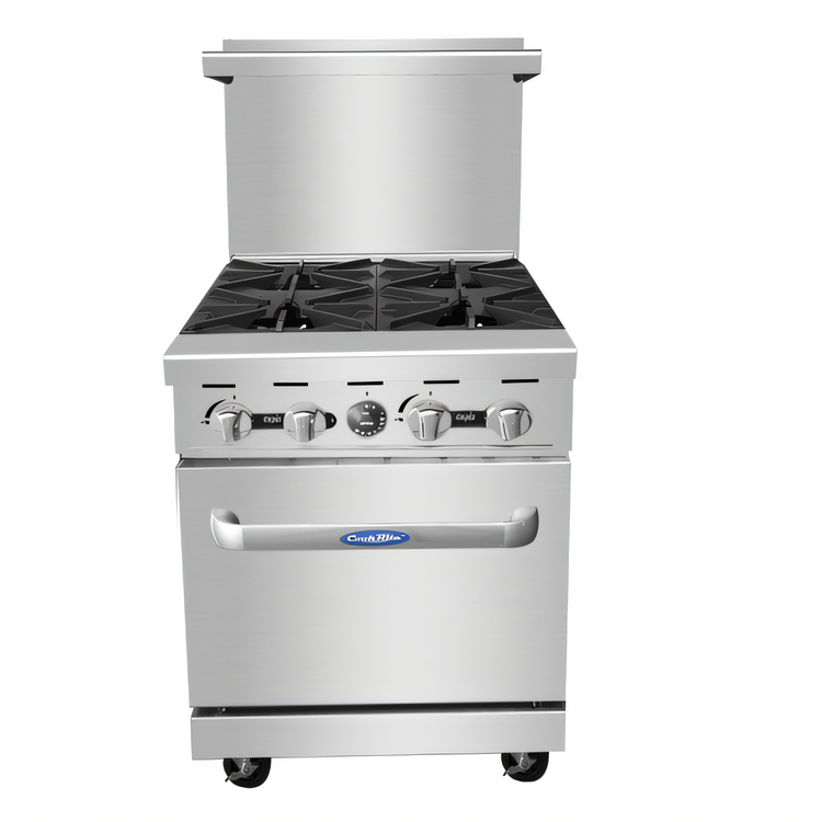 Product image #1 for CookRite 24-Inch 4-Burner Propane Commercial Gas Range with Space Saver Oven and Hi-Shelf