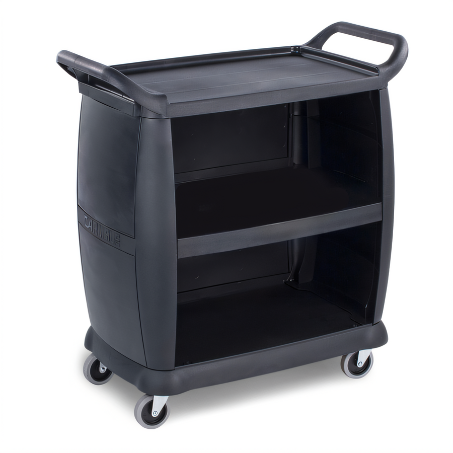 Product image #1 for Carlisle 36 Inch x 18 Inch Black Polypropylene Bussing Cart with 3 Shelves and Enclosed Ends and Back