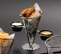 Ironworks Stainless Steel Conical Serving Basket with 2 Black Ramekins