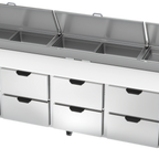 Thumbnail image #1 for Beverage Air DPD119HC-8 119-Inch Four-Section Pizza Prep Table with 8 Drawers, Refrigerated Pan Rail, and 19-Inch Cutting Board