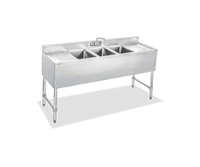 Steel Works Stainless Three-Compartment Underbar Sink with Left and Right Drainboards and Faucet, 60 x 18-3/4 x 33 Inches