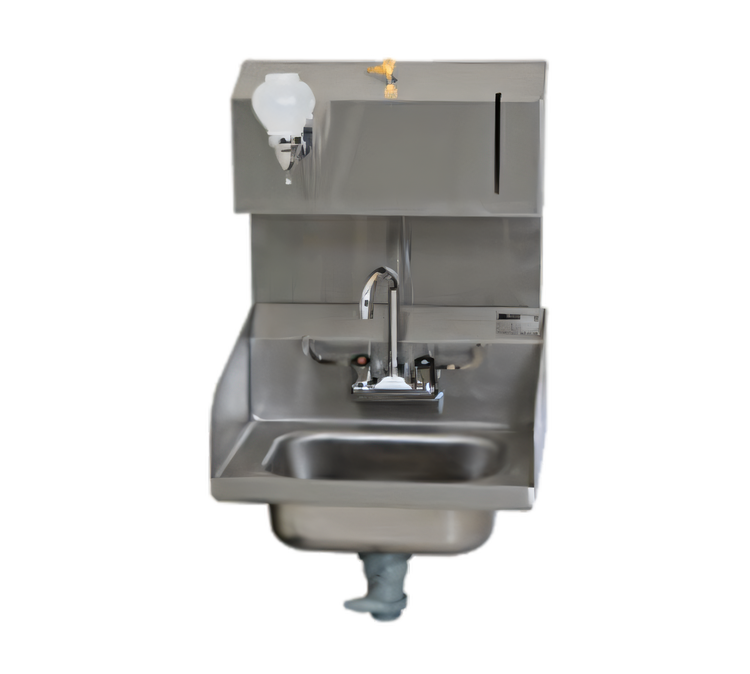 Product image #1 for Wall-Mount Hand Sink with 14 x 10 x 5-Inch Bowl, Side Splashes, Wrist-Handle Faucet, Towel & Soap Dispensers, 304 Stainless Steel