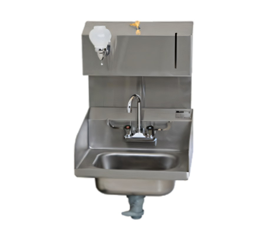 Product image #1 for Wall-Mount Hand Sink with 14 x 10 x 5-Inch Bowl, Side Splashes, Wrist-Handle Faucet, Towel & Soap Dispensers, 304 Stainless Steel