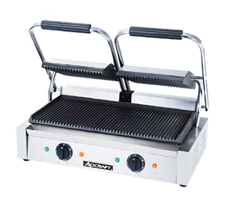 Product image #1 for Adcraft SG-813 Double Countertop Electric Sandwich Grill with Grooved Cast Iron Plates