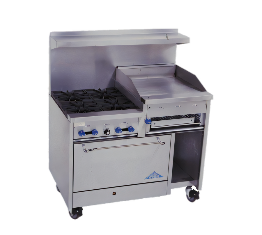Product image #1 for Comstock-Castle 48-Inch Commercial Gas Range with 4 Open Star Burners, 24-Inch Raised Griddle/Cheesemelter, 31-Inch Oven and Cabinet Storage Base