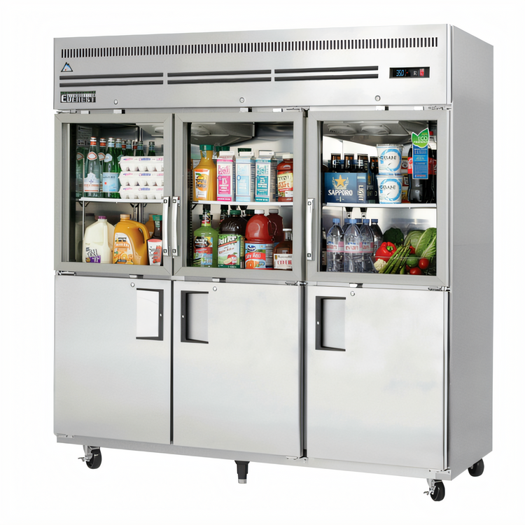 Product image #1 for Everest Refrigeration Three-Section Reach-In Refrigerator with Combination Glass and Solid Half Doors, 71 Cu. Ft., Top-Mounted Self-Contained Refrigeration