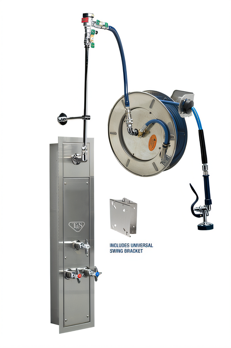 Product image #1 for T&S Brass 50-Foot Stainless Steel Open Wall-Mounted Retractable Hose Reel with Surface Cabinet and Mixing Valve