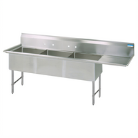 BK Resources Freestanding Three-Compartment Stainless Steel Sink with Right Drainboard, 24 x 24 x 14-Inch Compartments, 10-Inch Backsplash
