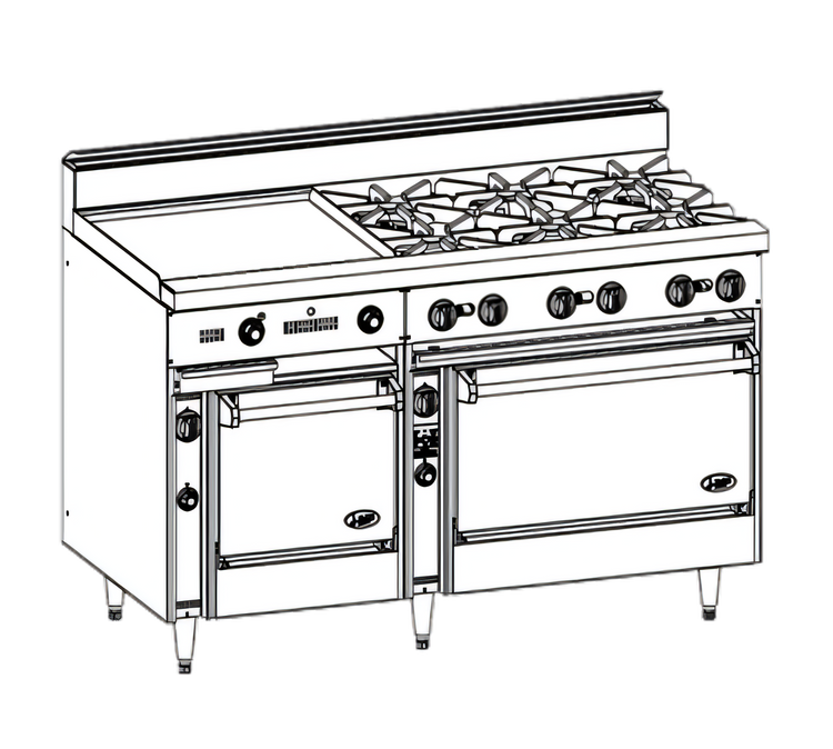 Product image #1 for Bistro 60-Inch Commercial Gas Restaurant Range with 6 Open Burners, 24-Inch Griddle, Standard Oven, and Cabinet Base