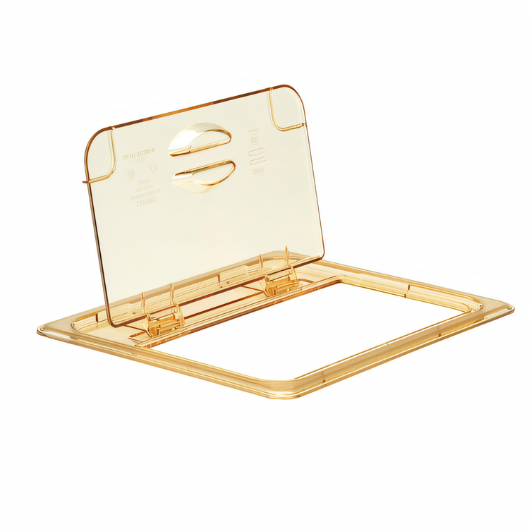 Product image #1 for Cambro High Heat H-Pan 1/2 Size Hinged FlipLid Food Pan Cover, Amber