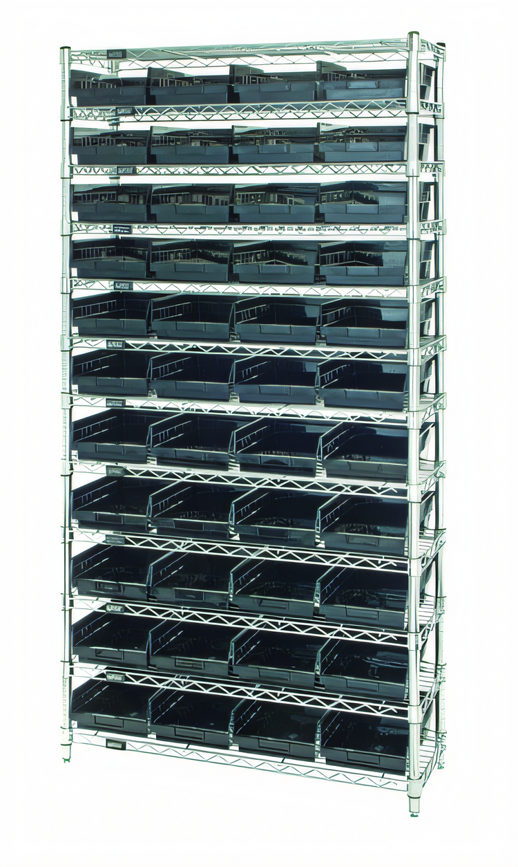 Product image #1 for Quantum Conductive Stationary Bin Wire Shelving System with 12 Shelves and 44 Bins, 36 x 18 x 74 Inches