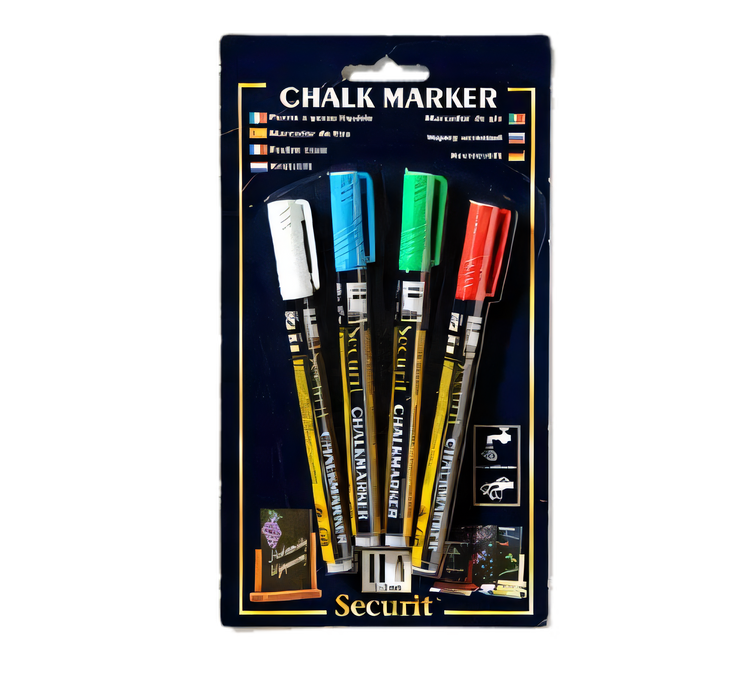 Product image #1 for Securit Mini Tip Assorted Color Chalk Markers, White, Blue, Green & Red, Blister 4-Pack