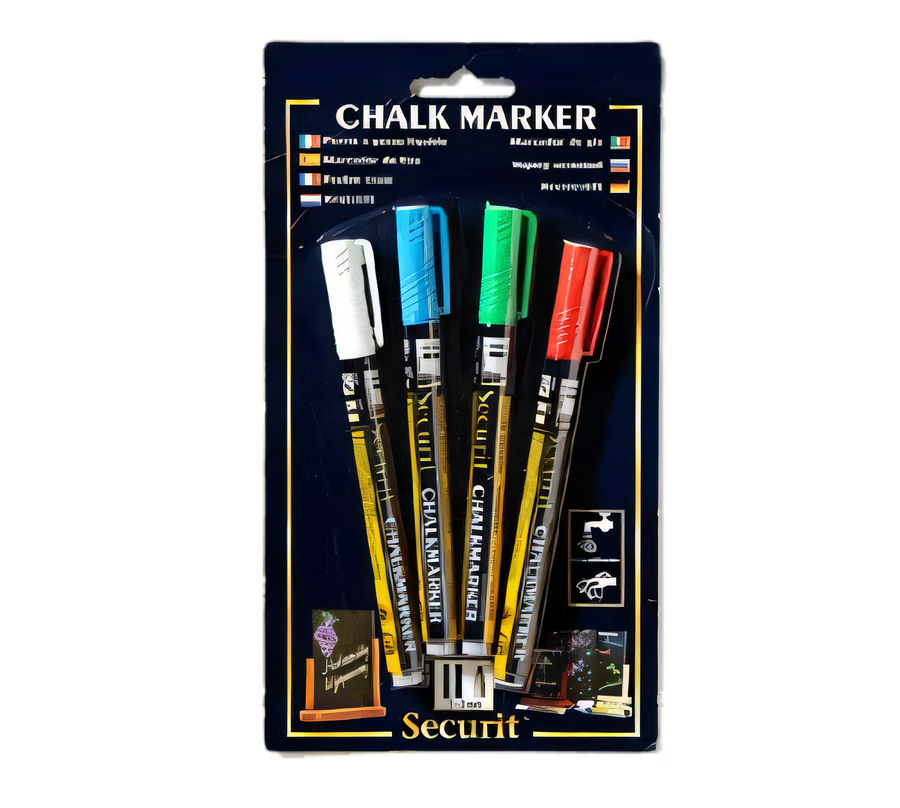Product image #1 for Securit Mini Tip Assorted Color Chalk Markers, White, Blue, Green & Red, Blister 4-Pack