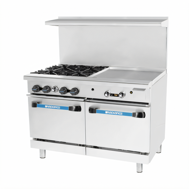 Product image #1 for Turbo Air Bake Tech Innovation 48-Inch Commercial Gas Range with 4 Open Burners, 24-Inch Right-Side Griddle and 2 Standard Ovens