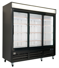 Kelvinator Commercial Three-Section Reach-In Refrigerated Glass Door Merchandiser, 72 Cu. Ft., Bottom-Mount Self-Contained Refrigeration