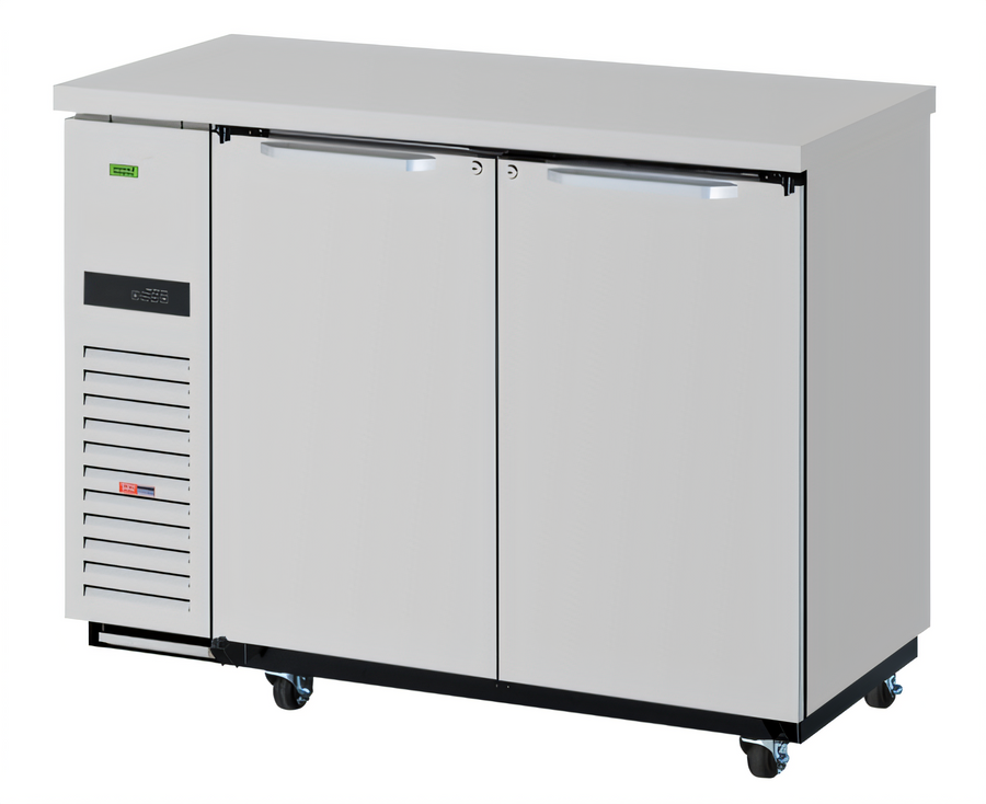 Product image #1 for Turbo Air Super Deluxe Narrow Two-Section Solid Door Back Bar Cooler, 12.2 Cu. Ft., Self-Contained Side-Mount, Stainless Steel