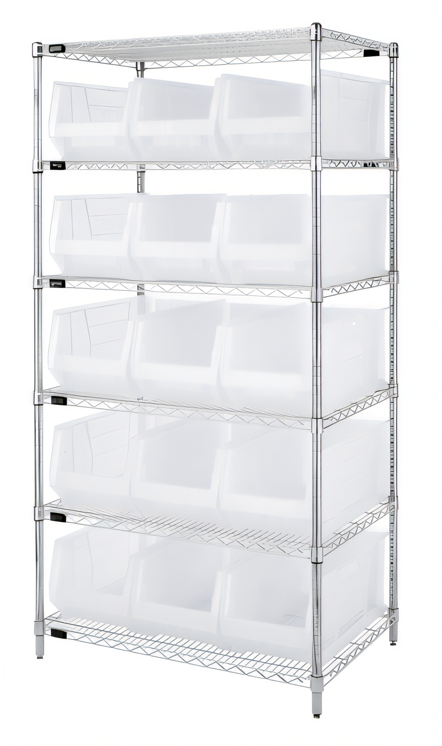 Product image #1 for Quantum 36-Inch W x 24-Inch D x 74-Inch H Chrome Plated Stationary Bin Wire Shelving System with 6 Shelves and 15 Clear Bins
