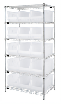 Quantum 36-Inch W x 24-Inch D x 74-Inch H Chrome Plated Stationary Bin Wire Shelving System with 6 Shelves and 15 Clear Bins