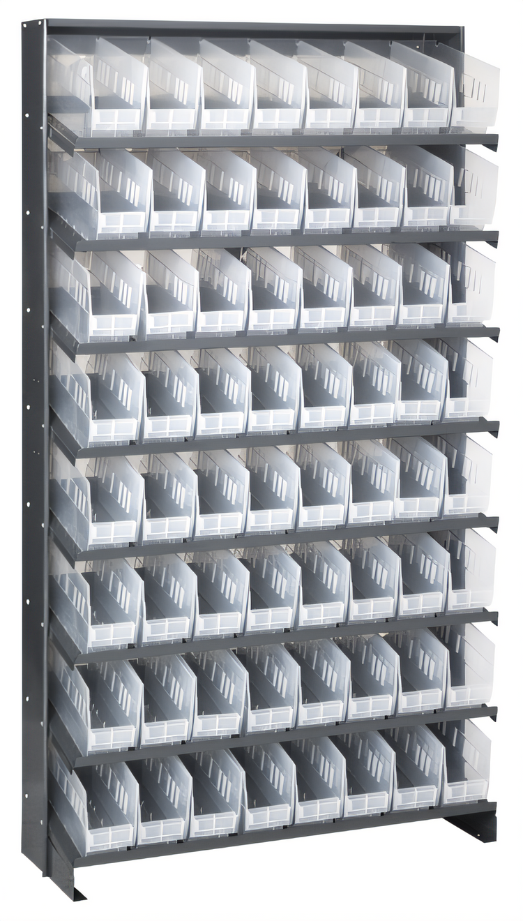 Product image #1 for Quantum Sloped Single-Sided Steel Pick Rack with 8 Shelves and 64 Clear Bins