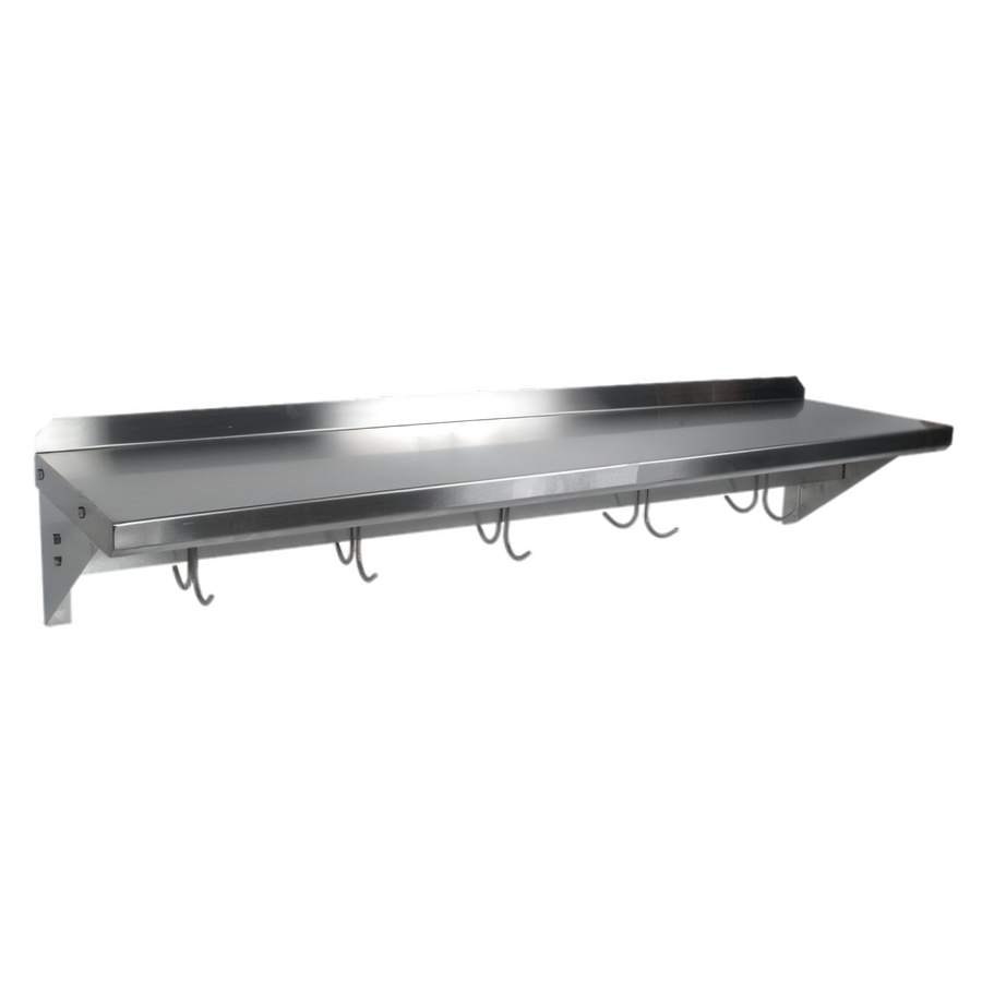 Product image #1 for John Boos Cucina Mensola Wall-Mount Stainless Steel Pot Rack Shelf with Utensil Bar and Hooks, 48 Inch W x 12 Inch D