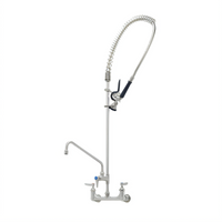 T&S Brass EverSteel 8-Inch Wall Mount Pre-Rinse Mixing Faucet with 14-Inch Swing Nozzle, 44-Inch Hose and Blue Spray Valve