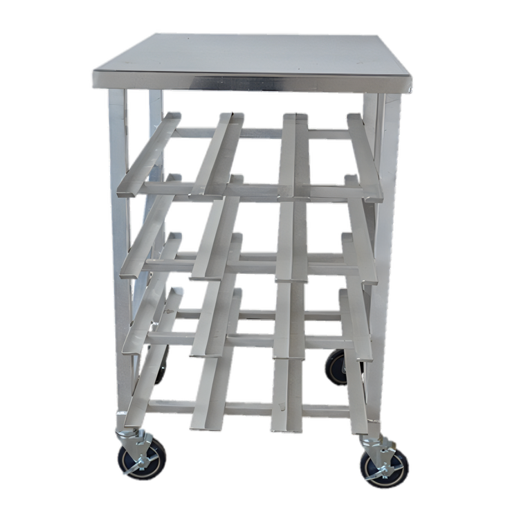 Product image #1 for Omcan USA Mobile Stainless Steel Can Rack with Table Top, 4 Layers, 12 Rows, and 5-Inch Casters
