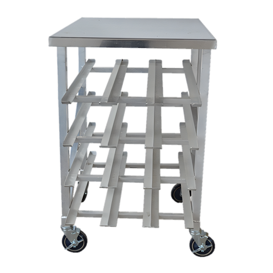 Product image #1 for Omcan USA Mobile Stainless Steel Can Rack with Table Top, 4 Layers, 12 Rows, and 5-Inch Casters