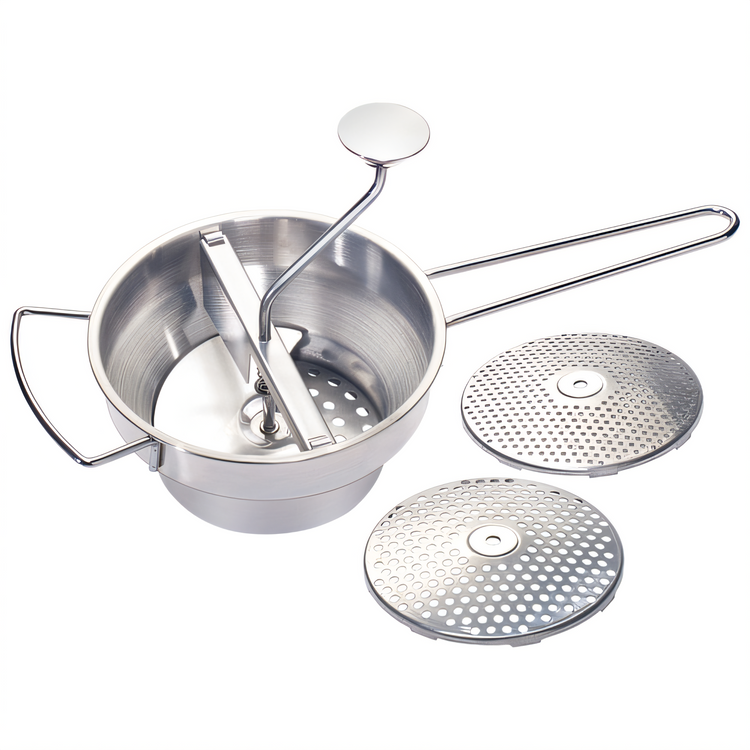 Product image #1 for Winco Manual Stainless Steel 2 Qt Food Mill with 3 Interchangeable Cutting Plates, 8 Inch Diameter