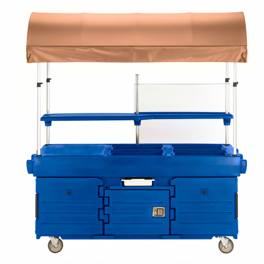 Product image #1 for Cambro CamKiosk® Insulated 4-Pan Well Mobile Food Cart with Beige Canopy, Navy Blue Body
