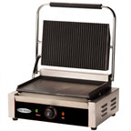 Thumbnail image #1 for Serv-Ware EPG-100GF Single Countertop Electric Panini Grill, Grooved Cast Iron Top, Smooth Cast Iron Bottom, Manual Controls