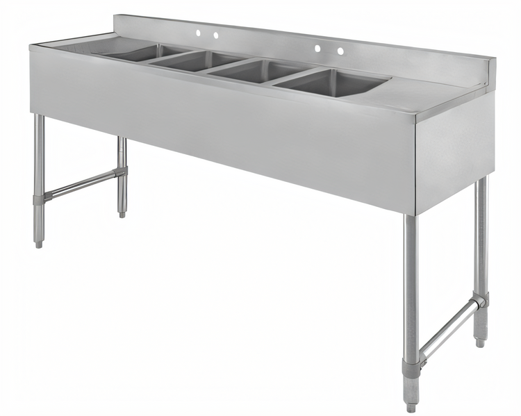 Product image #1 for Klinger's Trading Four-Compartment Stainless Steel Underbar Sink with Drainboards and Faucets