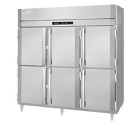 Victory UltraSpec Three-Section Stainless Steel Reach-In Freezer with Six Solid Half Doors, Self-Contained
