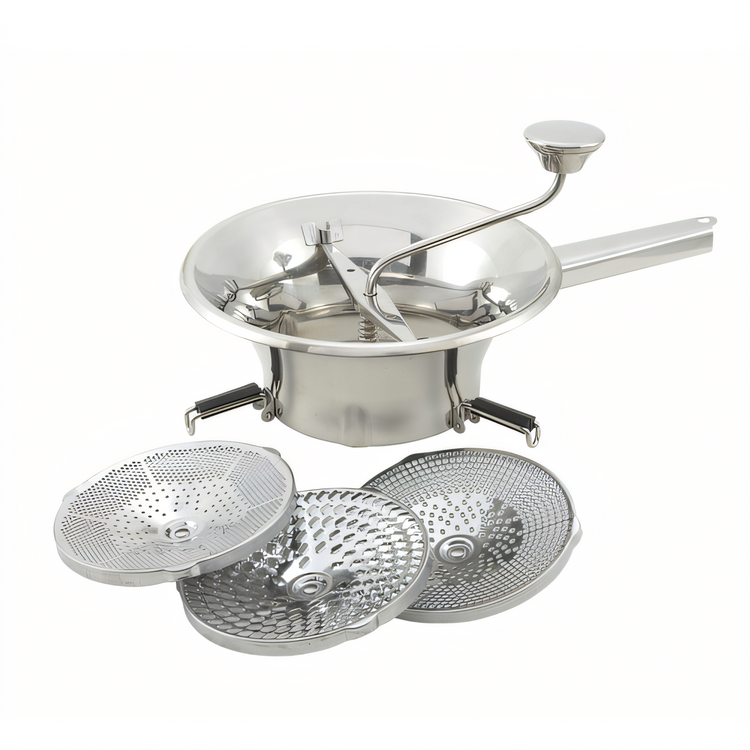 Product image #1 for Winco Medium Manual Stainless Steel Food Mill with 3 Interchangeable Cutting Plates, 2 Qt, 9-Inch Diameter