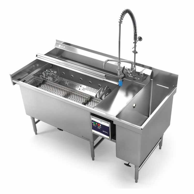 Product image #1 for Power Soak 69-1/2-Inch Wide Left-to-Right Skewer Soak Dishtable, Heated 42-Inch Wash Tank, 208V/3-Phase